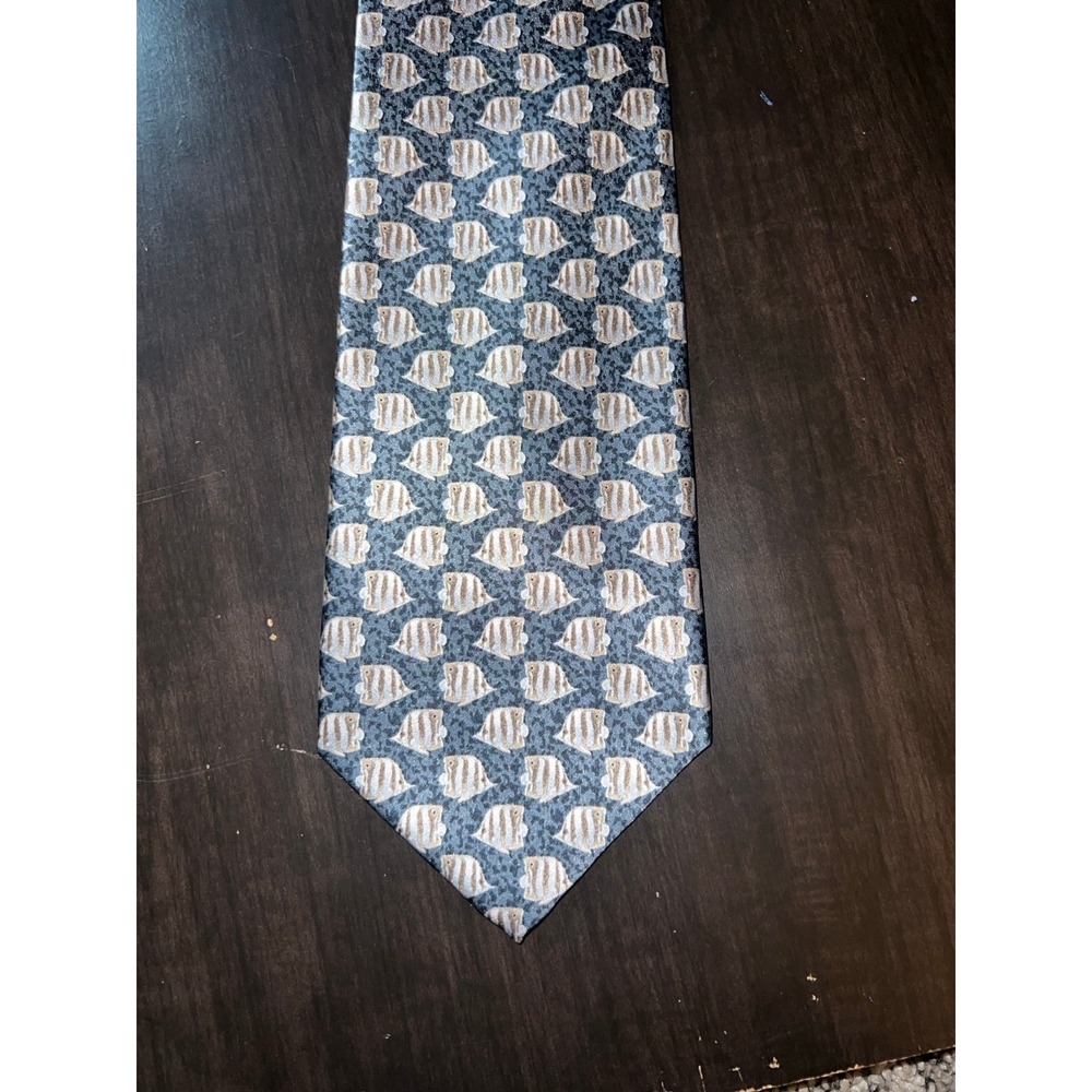 Stonehenge Tie Silk Blue w/ brown/yellow fish